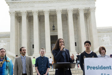 Xiuhtezcatl Martinez,speaks outside the US Supreme Court