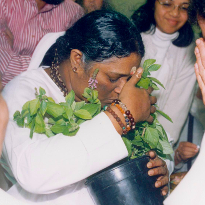 Amma hugs a tulasi plant